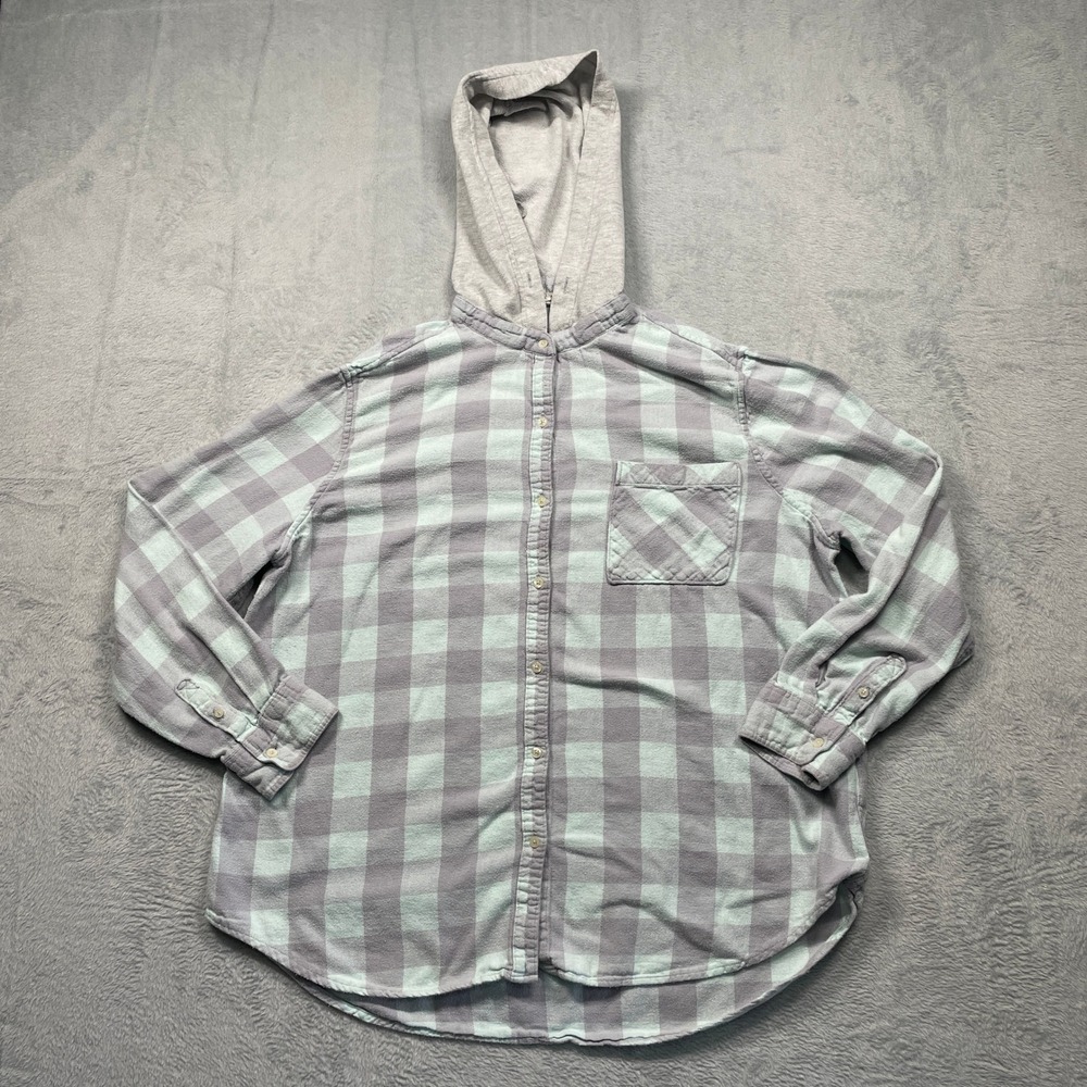 Aeropostale Hooded Flannel Shirt Mens XL Mint Green Grey‎ Buffalo Check Plaid